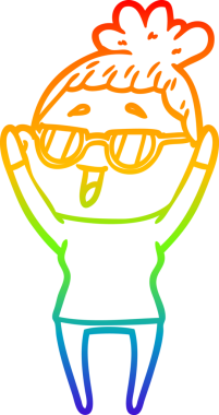 Bir insan tarafından çizilmiş gözlük takan mutlu bir kadının çizgi çizimi.