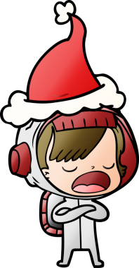 Bir astronot kadının insan tarafından çizilmiş Noel Baba şapkası giydiğini anlatan el çizimi bir çizgi film.