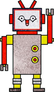 Bir insan tarafından çizilmiş mutlu bir robotun retro grunge dokusu.