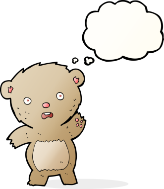 Bir insan tarafından çizilmiş düşünce baloncuklu mutsuz oyuncak ayı.