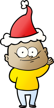 Bir insan tarafından çizilmiş Noel Baba şapkası giymiş kel bir adamın el çizimi karikatürü.