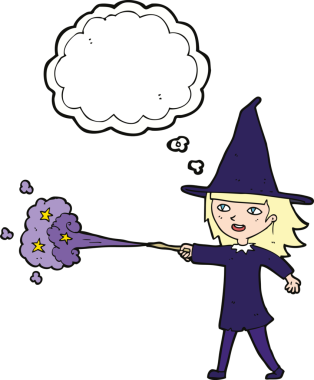 Karikatür cadısı bir insan tarafından çizilmiş düşünce balonuyla büyü yapıyor.