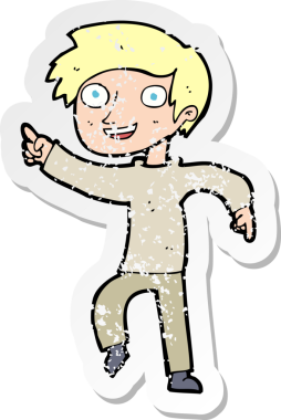 Bir insan tarafından çizilmiş mutlu çocuk çizgi filminin kederli retro yapıştırması.