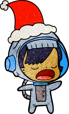 Bir insan tarafından çizilmiş Noel Baba şapkası giyen konuşan astronot bir kadının el çizimi karikatürü.
