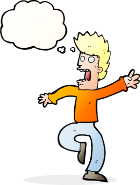 Bir insan tarafından çizilmiş düşünce baloncuğu olan korkmuş bir adam.