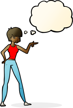 Bir insan tarafından çizilmiş düşünce balonuyla işaret eden çizgi film kadını.
