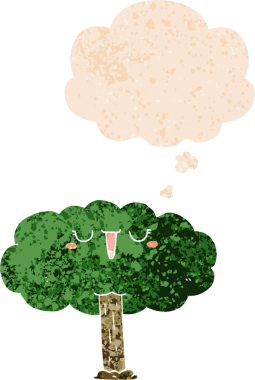 Düşünce baloncuğu ve grunge desenli karikatür ağacı bir insan tarafından çizilmiş.