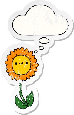 Düşünce baloncuğu olan karikatür çiçeği insan tarafından çizilmiş yıpranmış bir çıkartma gibi.