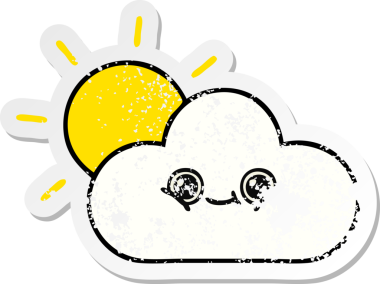 Tatlı bir çizgi film güneşinin sıkıntılı çıkartması ve bir insan tarafından çizilmiş bulut.