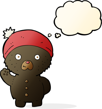 Bir insan tarafından çizilmiş düşünce baloncuğuyla kış şapkalı siyah oyuncak ayıyı sallayan çizgi film.