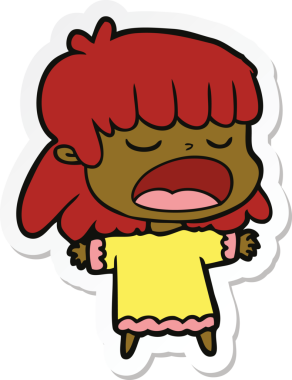 Bir insan tarafından çizilmiş yüksek sesle konuşan bir karikatür kadının çıkartması.