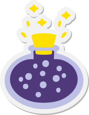 Bir insan tarafından çizilmiş köpüren iksir şişesi etiketi.