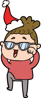 Bir insan tarafından çizilmiş Noel Baba şapkası takan mutlu bir kadının el çizimi.