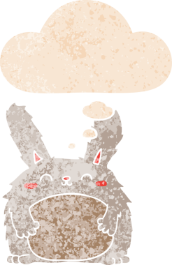 Düşünce baloncuklu çizgi film tüylü tavşan grunge sıkıntılı retro dokuma tarzı bir insan tarafından çizilmiş