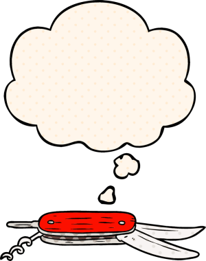 Çizgi roman tarzında bir insan tarafından çizilmiş düşünce balonlu cep çakısı.