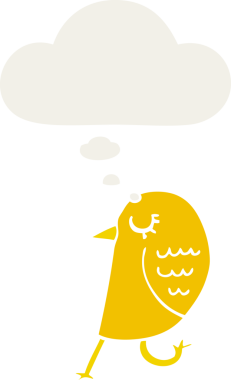 Düşünce baloncuğu olan çizgi film kuşu insan tarafından çizilmiş.