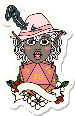 Bir insan tarafından çizilmiş doğal yirmilik bir elf ozan karakterinin çıkartması.