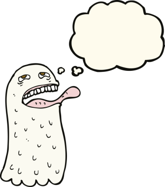 Bir insan tarafından çizilmiş düşünce balonlu komik bir hayalet.