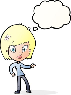 Bir insan tarafından çizilmiş düşünce baloncuğuyla işaret eden güzel bir kadın.