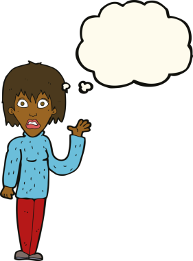 Bir insan tarafından çizilmiş düşünce baloncuğuyla el sallayan kadın.