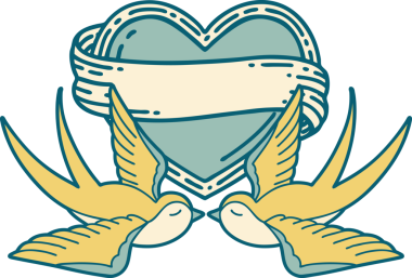 Kırlangıçların ikonik dövme şekli ve bir insan tarafından çizilmiş bir kalp.