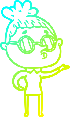 Bir insan tarafından çizilmiş gözlük takan çizgi film kadını çizimi.