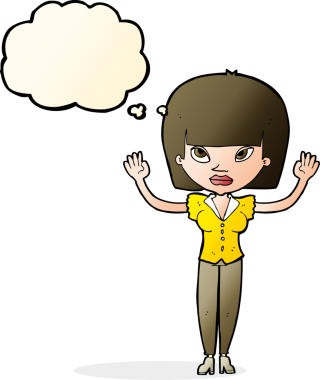 Bir insan tarafından çizilmiş düşünce baloncuğu olan ellerini kaldırmış çizgi film kadını.