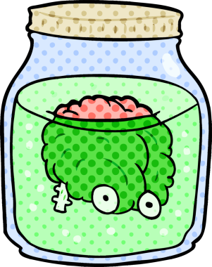 Bir insan tarafından çizilmiş kavanozda yüzen karikatür hayaleti beyni.