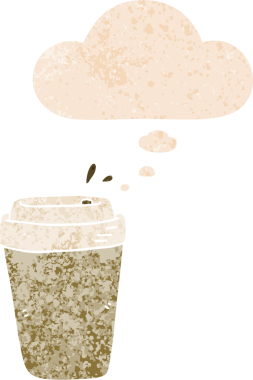 Düşünce baloncuklu çizgi film kahve fincanı grunge sıkıntılı retro dokuma tarzı bir insan tarafından çizilmiş