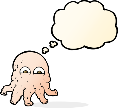 Bir insan tarafından çizilmiş düşünce baloncuklu uzaylı mürekkep balığı yüzü.