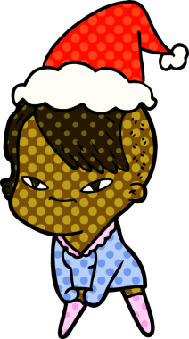 Sevimli el çizimi çizgi roman tarzı bir resim. Hipster saç kesimi olan bir kız. Noel Baba şapkası takıyor.
