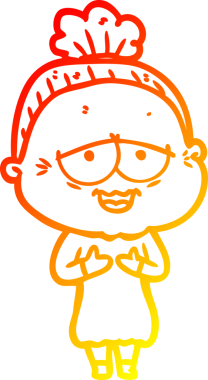 Bir insan tarafından çizilmiş mutlu, yaşlı bir kadının sıcak çizgi çizimi.