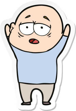 Bir insan tarafından çizilmiş, yorgun, kel bir adamın çıkartması.