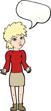 Bir insan tarafından çizilmiş konuşma baloncuğuyla omuz silken çizgi film kadını.