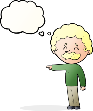 Çizgi filmdeki bıyıklı adam bir insan tarafından çizilmiş düşünce balonuyla işaret ediyor.