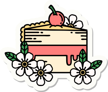 Bir insan tarafından çizilmiş geleneksel bir pasta dilimi ve çiçek stili dövme çıkartması.