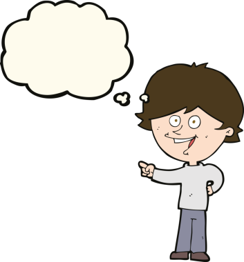 Çizgi filmci çocuk gülüyor ve bir insan tarafından çizilmiş düşünce balonuyla işaret ediyor.