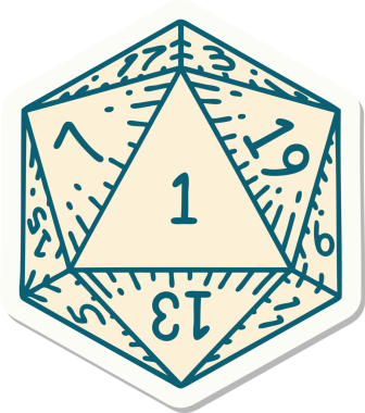 Bir insan tarafından çizilmiş doğal 1 D20 zar etiketi.