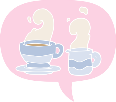 bir insan tarafından çizilmiş, konuşma baloncuklu bir kahve fincanı.