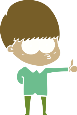 Garip düz renkli çizgi film çocuğu bir insan tarafından baş parmak işareti çiziyor.