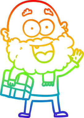 Çizgi film çizen gökkuşağı gradyan çizimi çılgın mutlu sakallı ve kolunun altında bir insan tarafından çizilmiş bir adam.