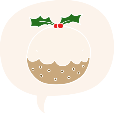 Karikatür noel pudingi konuşma baloncuğu ile retro tarzı bir insan tarafından çizilmiş.
