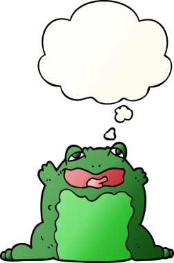 Bir insan tarafından çizilmiş yumuşak eğimli düşünce baloncuklu çizgi film karakurbağası.