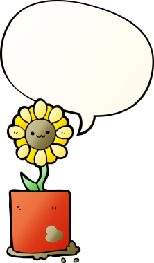 Bir insan tarafından çizilmiş yumuşak eğimli konuşma baloncuğu olan sevimli çizgi film çiçekleri.