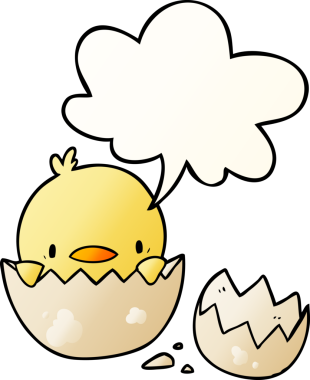 Bir insan tarafından çizilmiş, konuşma baloncuğuyla yumurtadan çıkan sevimli çizgi film pilici.