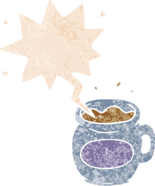 Bir insan tarafından çizilmiş grunge dertli retro desenli konuşma balonlu çizgi film kahve fincanı.