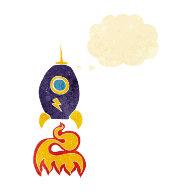 Bir insan tarafından çizilmiş düşünce baloncuklu bir uzay gemisi.