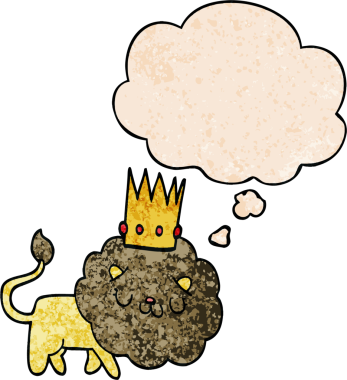 Düşünce baloncuğu ile taçlı çizgi film aslanı bir insan tarafından çizilmiş grunge doku tarzı.