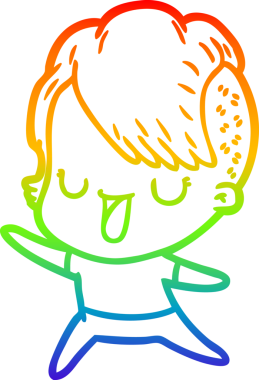 Gökkuşağı gradyan çizimi. Hipster saç kesimi bir insan tarafından çizilmiş şirin bir çizgi film kızı.