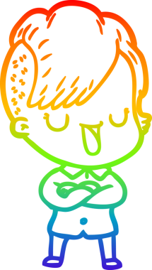 Gökkuşağı gradyan çizimi. Hipster saç kesimi bir insan tarafından çizilmiş şirin bir çizgi film kızı.